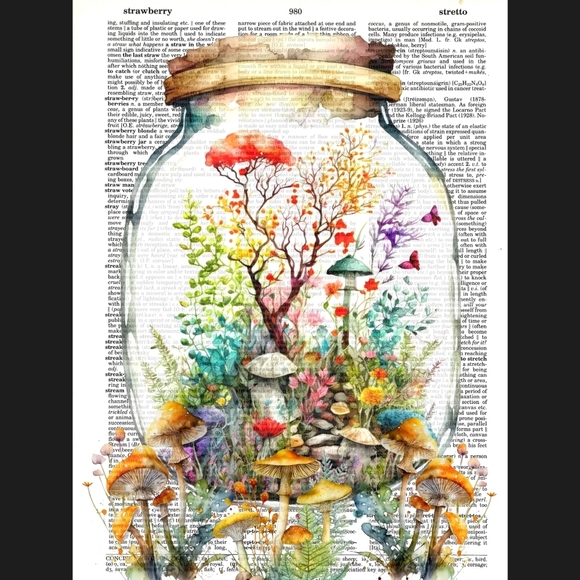 Mushroom Terrarium Fairy House Flower Vintage Dictionary Art Print - Picture 1 of 5